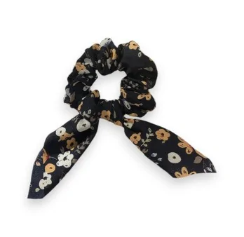 Fancy black elastic hair tie with floral pattern