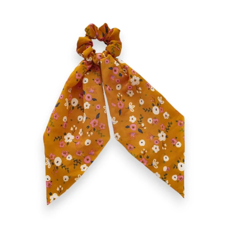 Bohemian floral scarf scrunchie in Mustard