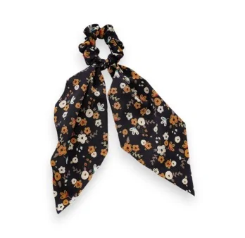 Chouchou foulard élastique fleuri Noir