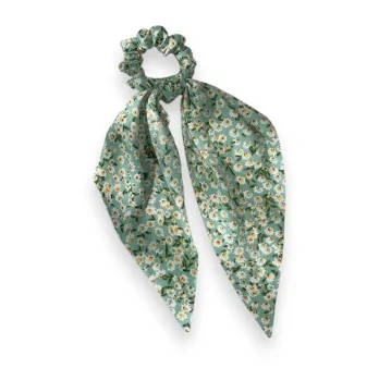 Chouchou foulard élastique fleuri vert