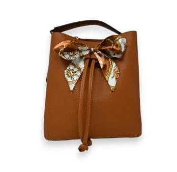 Camel rigid handbag from Gallantry with chic scarf bow