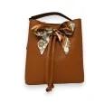 Camel rigid handbag from Gallantry with chic scarf bow