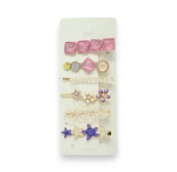 Set of 6 fancy hair clips in pink and lavender