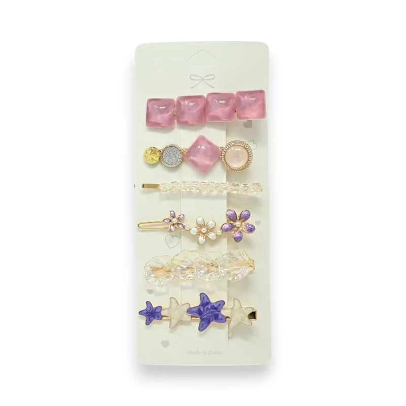 Set of 6 fancy hair clips in pink and lavender