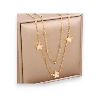 Gold double star necklace with pearl finish