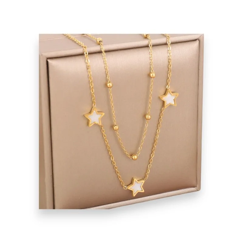 Golden double-star necklace with pearly finish