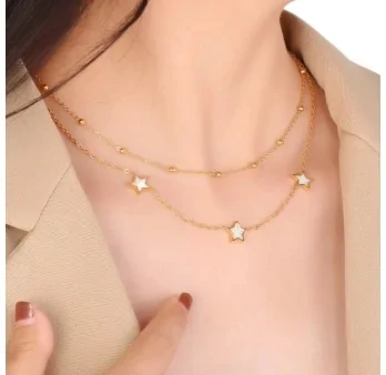 Gold double star necklace with pearl finish