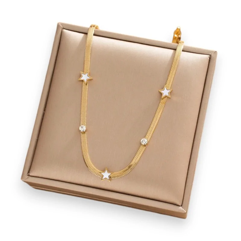 Stainless Steel Necklace with Mother-of-Pearl and Golden Stars