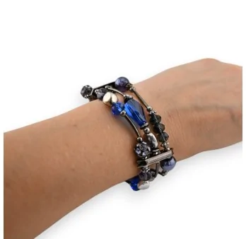 Pulsera de fantasía de 3 filas con perlas azules