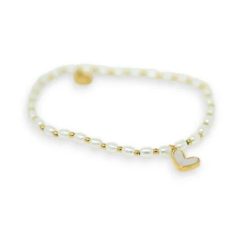 Pulsera elástica fina de perlas blancas y doradas