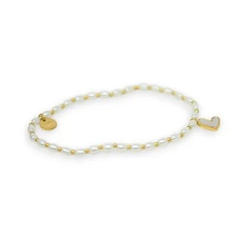 Pulsera elástica fina de perlas blancas y doradas