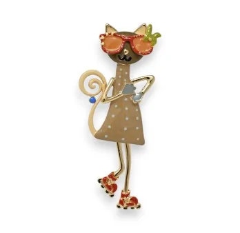 Playful Whimsical Taupe and Gold Cat Brooch