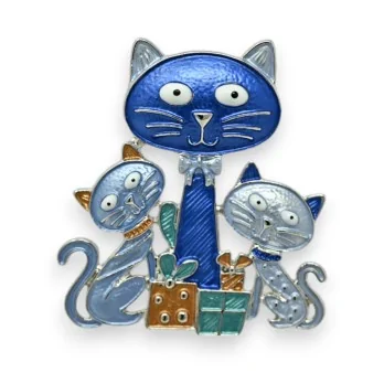 Magnetic cat family brooch in shades of blue