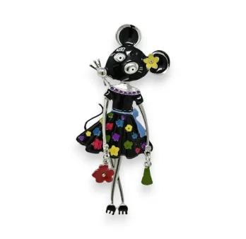 Magnetic mouse brooch in silver, black and multicolor