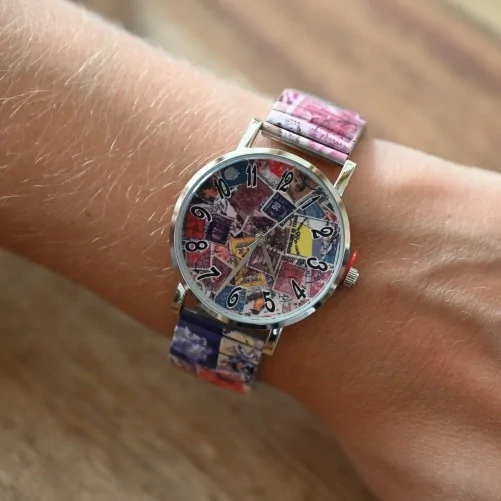 Ernest's multicolor patchwork stamp watch