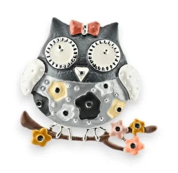 Fancy Silver and Black Owl Brooch