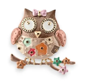 Broche hibou fantaisie dorée et marron