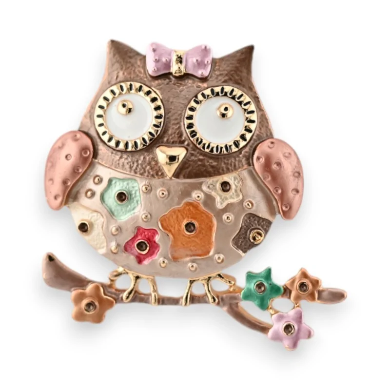 Broche hibou fantaisie dorée et marron