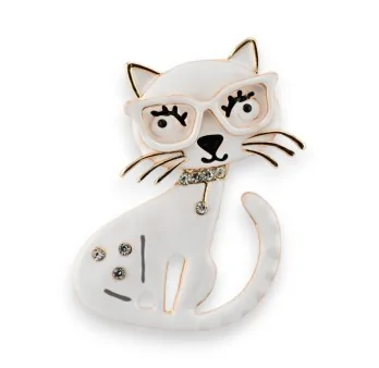 White Cat Brooch with Glasses