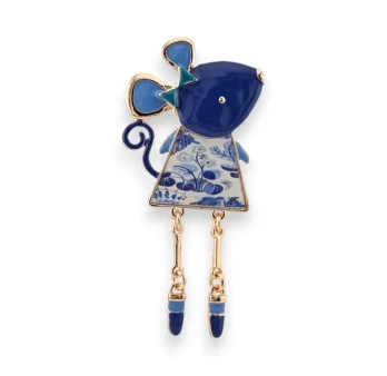 Fancy blue gold-tone metal mouse brooch