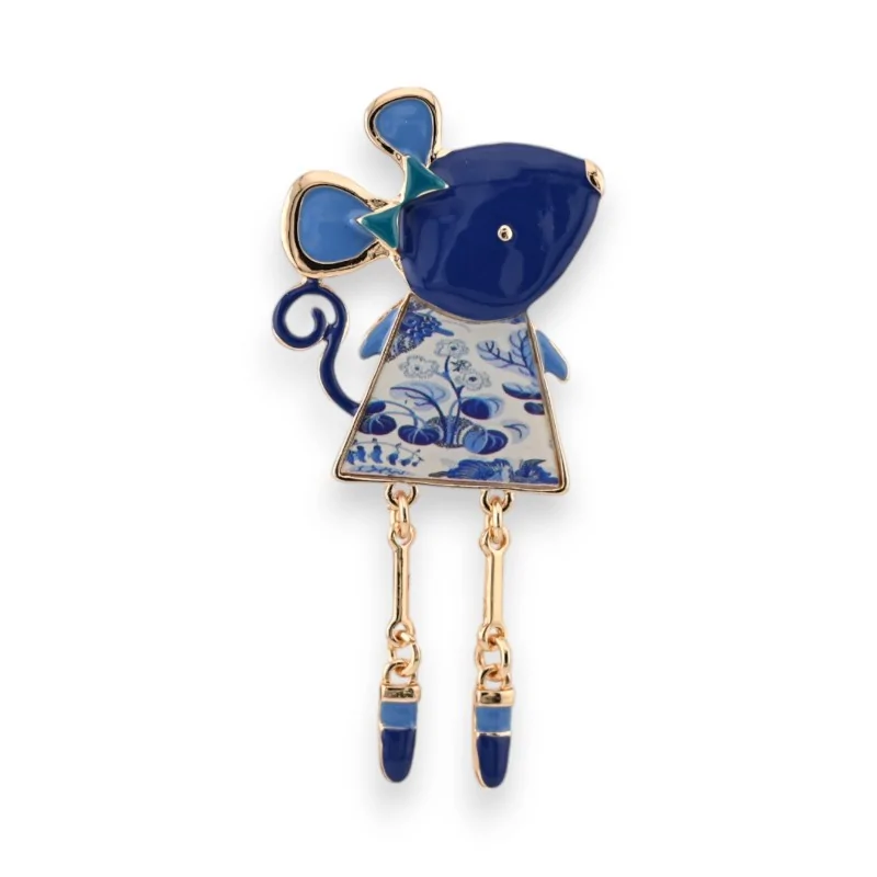 Broche souris fantaisie en métal doré bleu