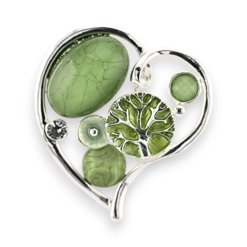 Broche Corazón Naturaleza Verde Plateada