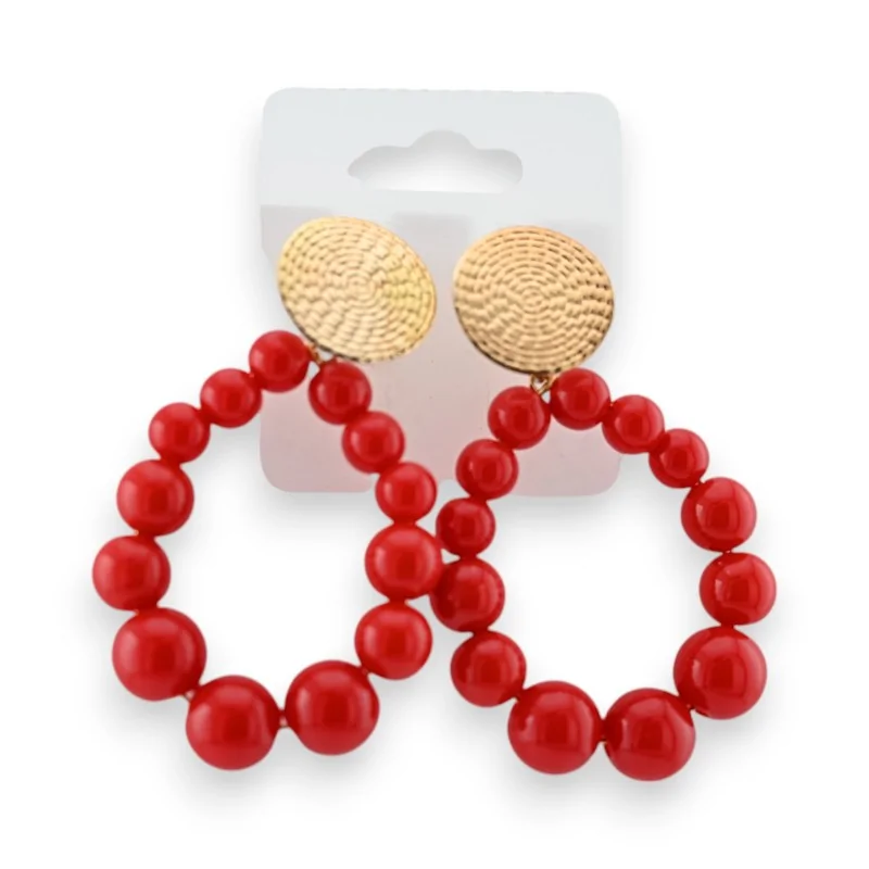 Steel hoop earrings with red pearls