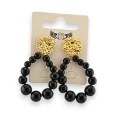 Black pearl drop earrings with gold medallion