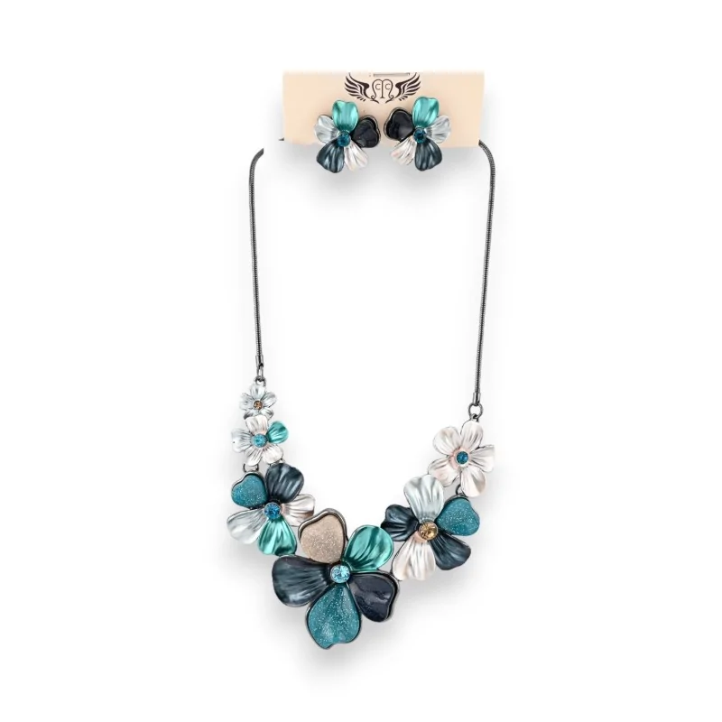 Flower Necklace and Earrings Set in Blue