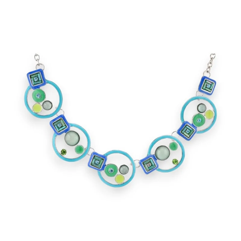 Costume jewelry necklace with circles in blue and green shades