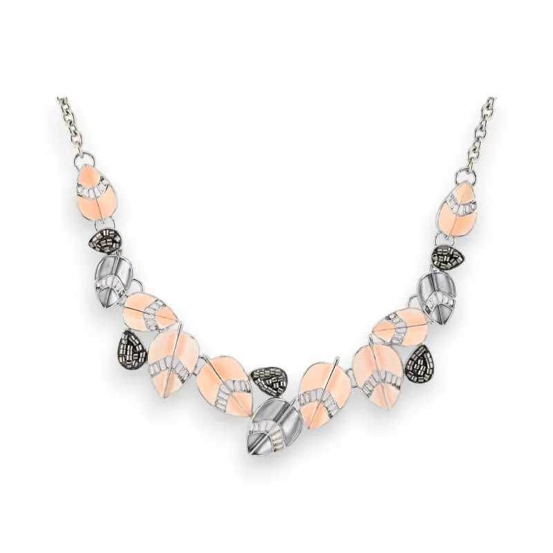 Collier fantaisie feuilles argentées et rosées