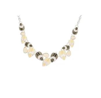 Collier fantaisie argenté Feuilles grises et blanc cassé