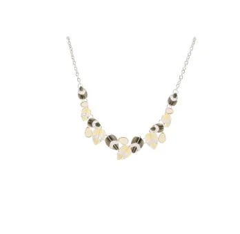 Collier fantaisie argenté Feuilles grises et blanc cassé