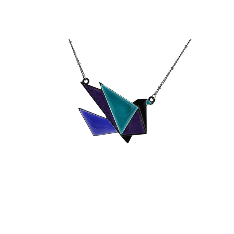 Fantasy Necklace Origami Bird in Blue-Green Shades by Ikita