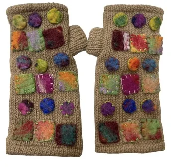 Camel-colored Nepalese wool mittens with embroidered multicolored geometric shapes