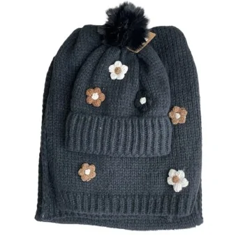 Black beanie and scarf set with embroidered flowers