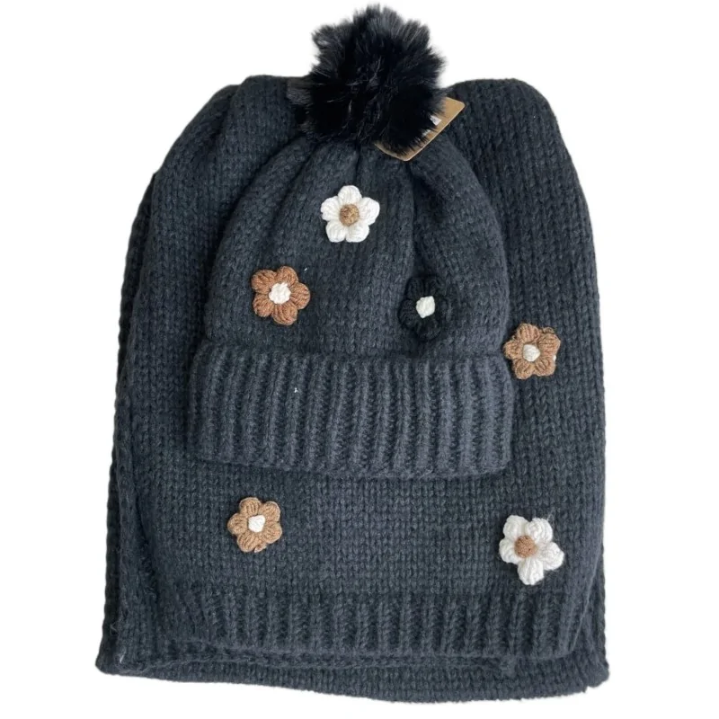 Black beanie and scarf set with embroidered flowers