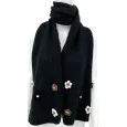 Black beanie and scarf set with embroidered flowers