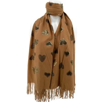 Soft camel scarf with black and gold heart patterns