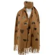 Soft camel scarf with black and gold heart patterns