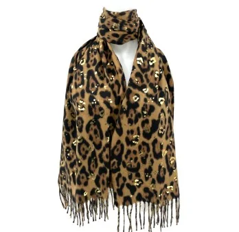 Soft camel, black and gold leopard print scarf