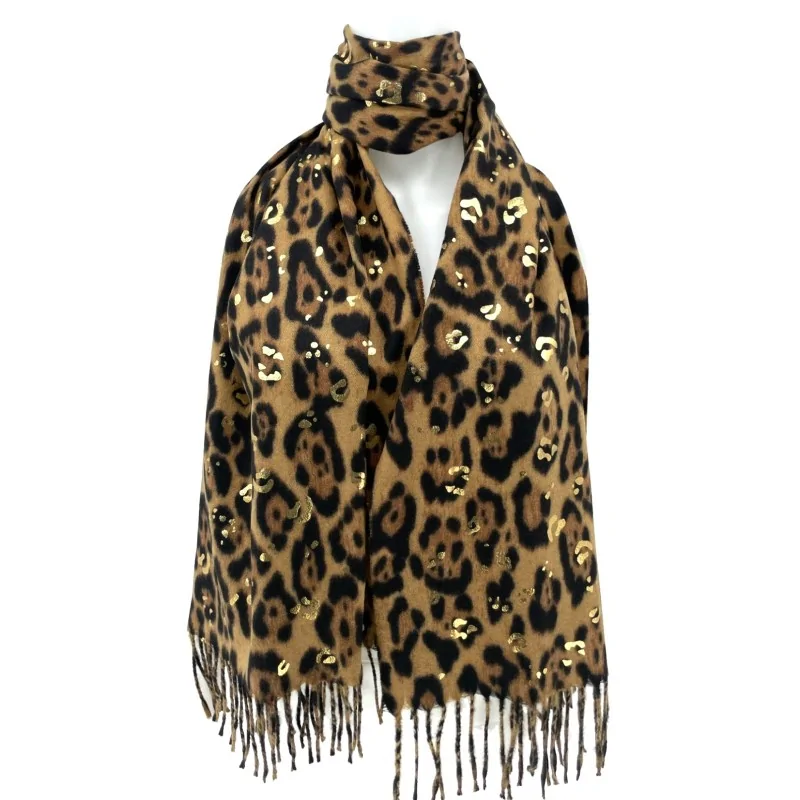 Soft camel, black and gold leopard print scarf