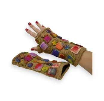 Camel-colored Nepalese wool mittens with embroidered multicolored geometric shapes