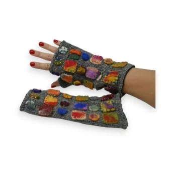 Multicolored geometric pattern grey wool mittens from Nepal