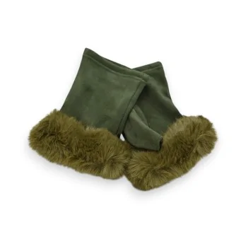 Khaki faux fur mittens