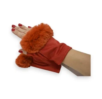 Brick-colored faux fur mittens