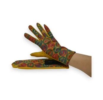 Wildleder-Handschuhe in Senfgelb mit bunten Kreismotiven