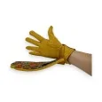 Mustard suede-effect gloves with multicolored circle patterns