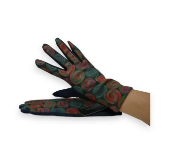 Guantes de terciopelo de ante azul marino con círculos multicolores