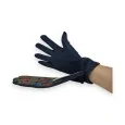 Suede-like velvet gloves in navy blue with multicolored circles